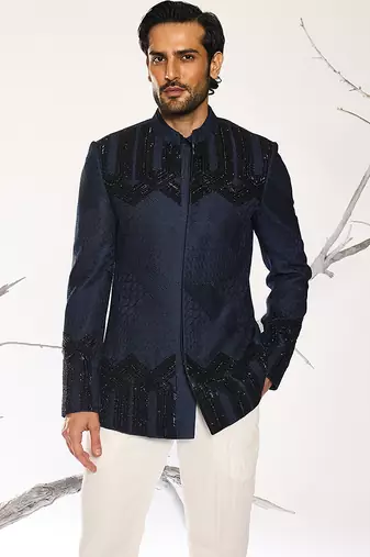 Blue embroidered cotton silk bandhgala suit