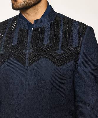 Blue embroidered cotton silk bandhgala suit 4