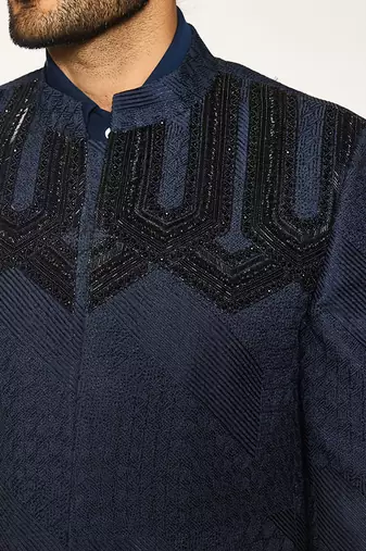 Blue embroidered cotton silk bandhgala suit