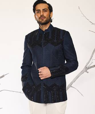 Blue embroidered cotton silk bandhgala suit 5
