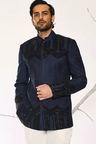 Blue embroidered cotton silk bandhgala suit