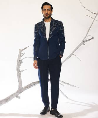 Blue embroidered cotton silk jacket 1