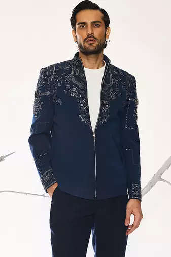 Blue embroidered cotton silk jacket