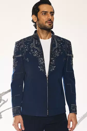 Blue embroidered cotton silk jacket