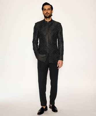 Black embroidered cotton silk bandhgala suit 1