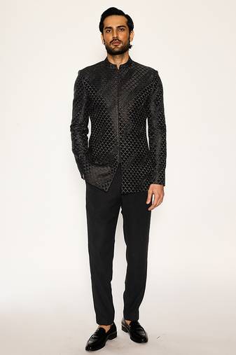 Black embroidered cotton silk bandhgala suit