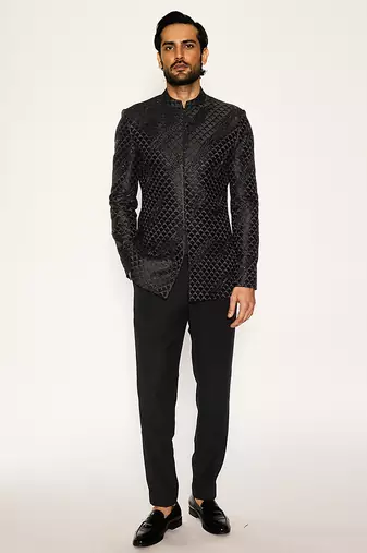 Black embroidered cotton silk bandhgala suit