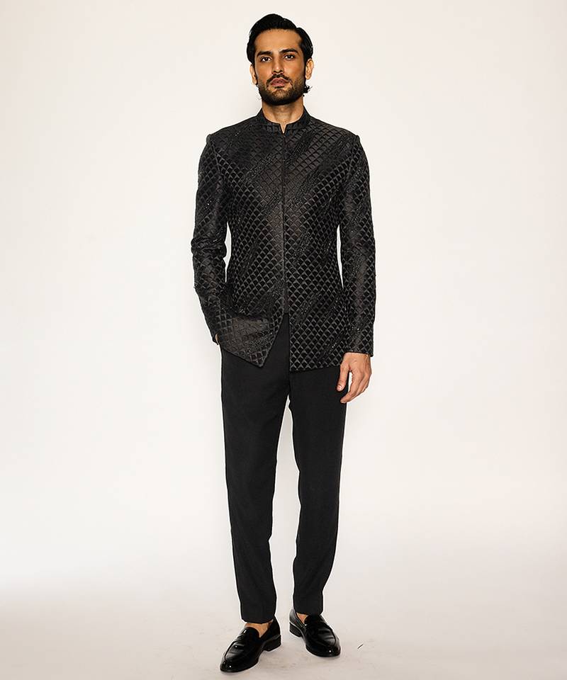Black embroidered cotton silk bandhgala suit
