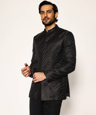 Black embroidered cotton silk bandhgala suit 3
