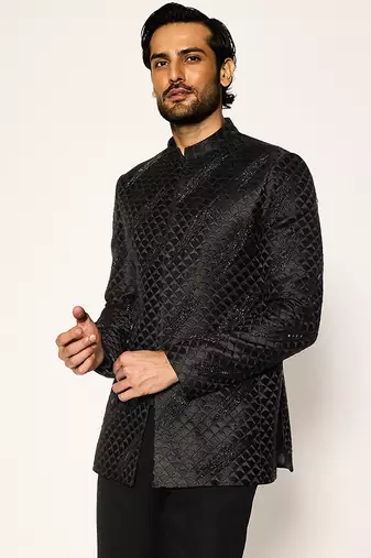 Black embroidered cotton silk bandhgala suit
