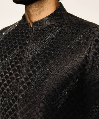 Black embroidered cotton silk bandhgala suit 5