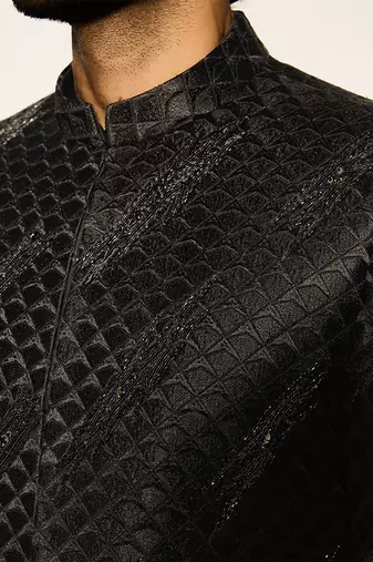 Black embroidered cotton silk bandhgala suit