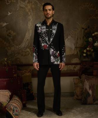 Black embroidered faux cotton tuxedo 1