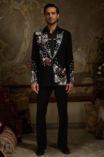 Black embroidered faux cotton tuxedo