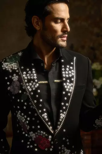 Black embroidered faux cotton tuxedo
