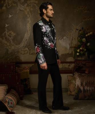 Black embroidered faux cotton tuxedo 3