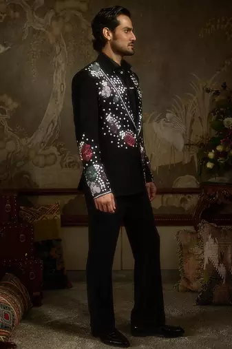 Black embroidered faux cotton tuxedo