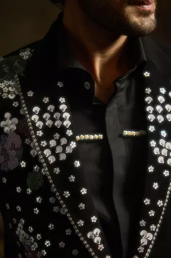 Black embroidered faux cotton tuxedo