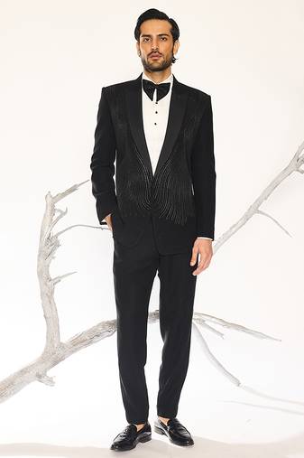 Black embroidered faux cotton tuxedo