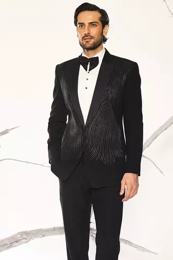 Black embroidered faux cotton tuxedo