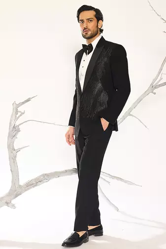 Black embroidered faux cotton tuxedo