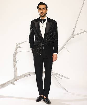 Black embroidered faux cotton tuxedo 1