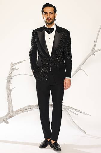 Black embroidered faux cotton tuxedo