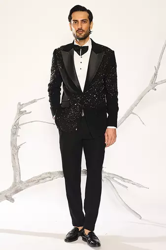 Black embroidered faux cotton tuxedo