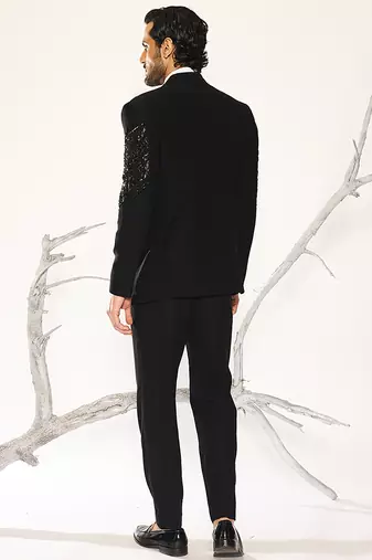 Black embroidered faux cotton tuxedo