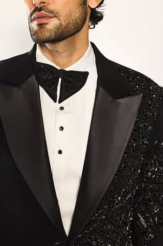 Black embroidered faux cotton tuxedo