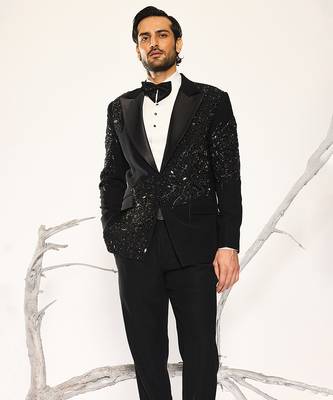 Black embroidered faux cotton tuxedo 5