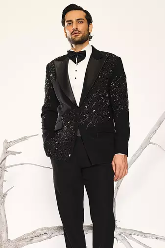 Black embroidered faux cotton tuxedo