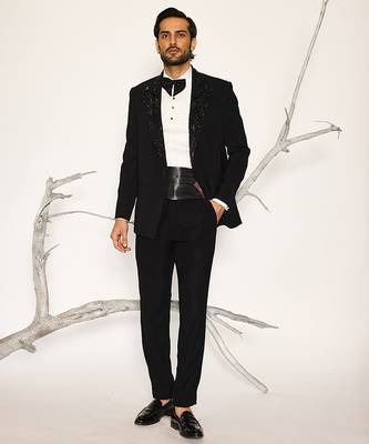 Black embroidered faux cotton tuxedo 1