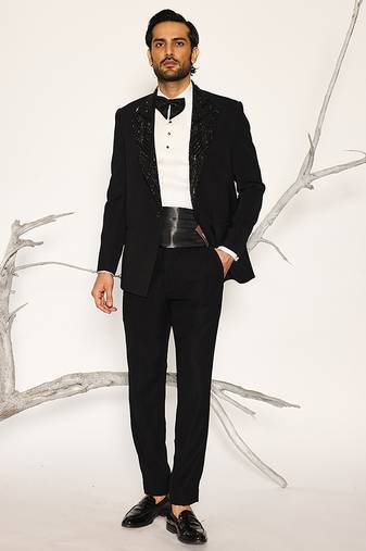 Black embroidered faux cotton tuxedo