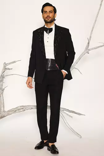 Black embroidered faux cotton tuxedo