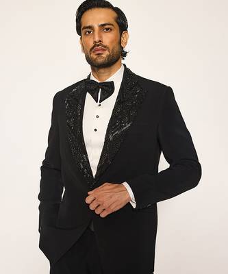 Black embroidered faux cotton tuxedo 3