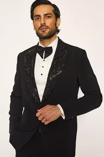 Black embroidered faux cotton tuxedo