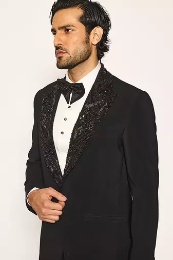 Black embroidered faux cotton tuxedo