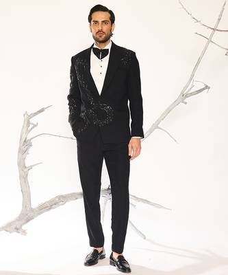 Black embroidered woolen blend tuxedo 1
