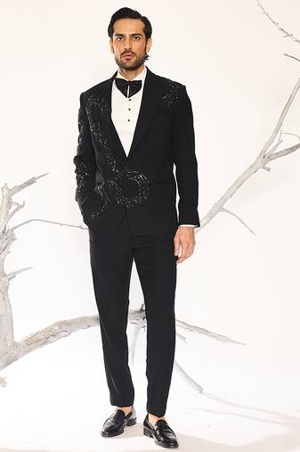 Black embroidered woolen blend tuxedo