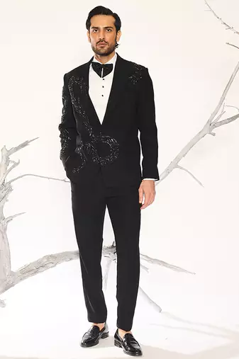 Black embroidered woolen blend tuxedo