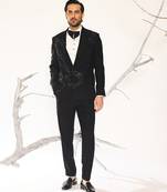 Black embroidered woolen blend tuxedo