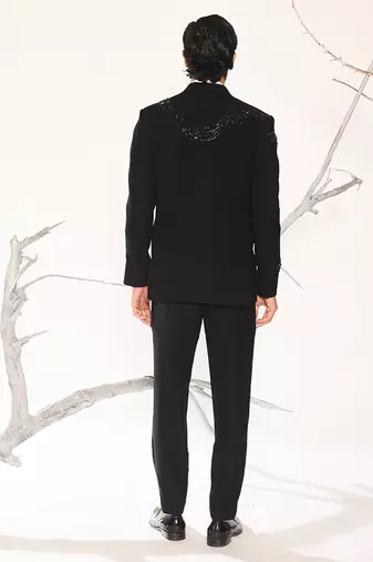 Black embroidered woolen blend tuxedo