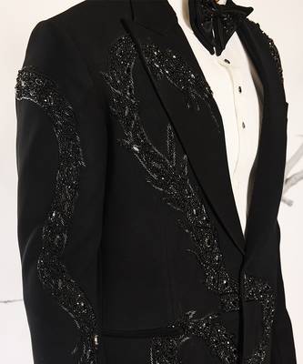 Black embroidered woolen blend tuxedo 3
