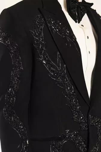 Black embroidered woolen blend tuxedo
