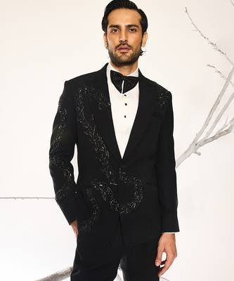 Black embroidered woolen blend tuxedo 4
