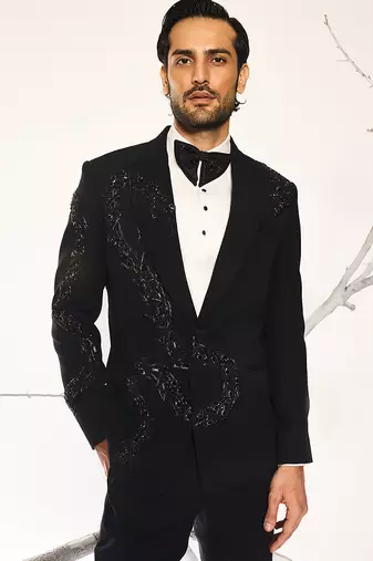 Black embroidered woolen blend tuxedo