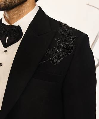 Black embroidered woolen blend tuxedo 5