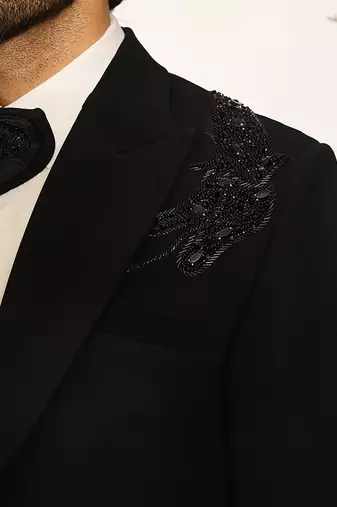Black embroidered woolen blend tuxedo