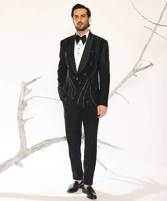 Black embroidered faux cotton tuxedo 1